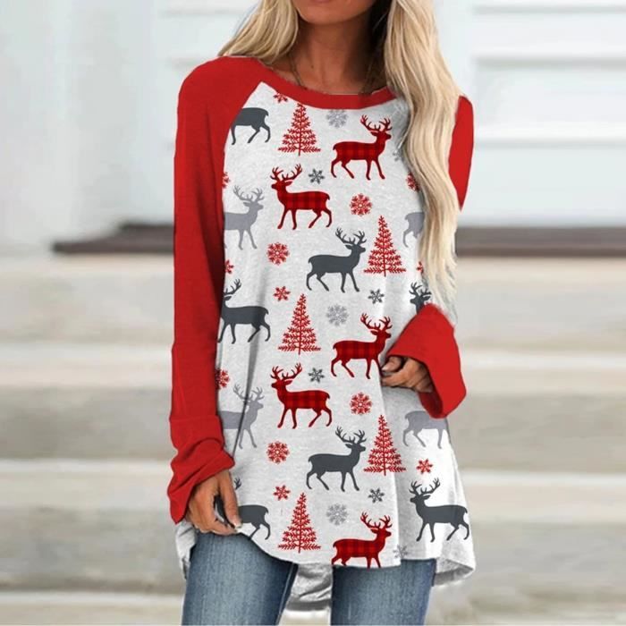 Blouse Femme Noel Couleur Assortie Imprime A Manches Longues Decontracte Rouge Rouge Cdiscount Pret a Porter