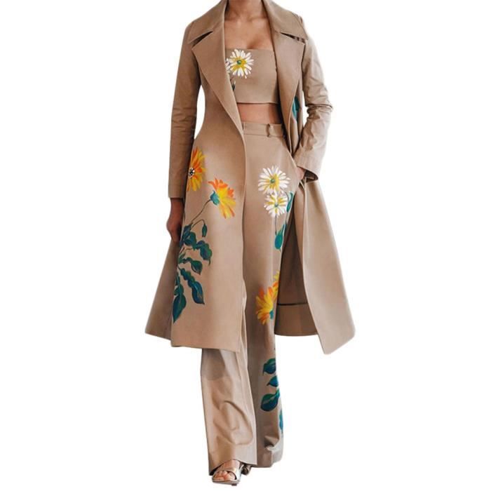 Ensemble Décontracté 3 Pièces Pour Femmes Ensemble Mode Rétro Élégant,Imprimé Floral Haut + Cultures Gilet + Pantalons Longs,Kaki