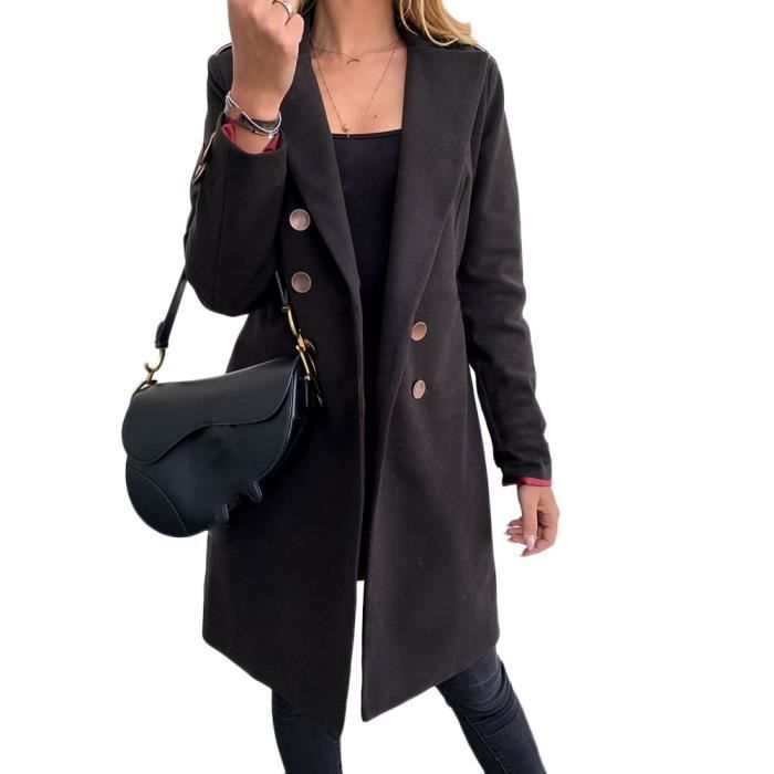 Décontractée Trench À Double Boutonnage Femmes Longue Trench Revers Elegant Simple Madame Travail Bureau Affaires Trench,Noir