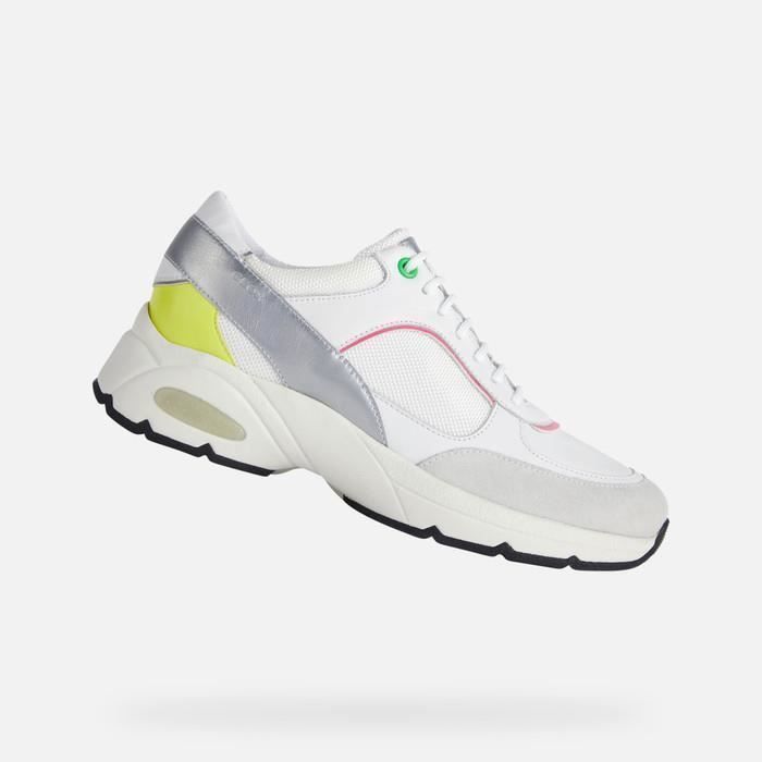 Geox Baskets - GEOX - D ALHOUR - Femme - Blanc/fuchsia fluo - Cuir - Lacets