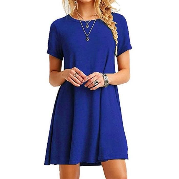Robe Longue Bohème Femme - Manches Courtes Col Rond - Couleur Unie - Tissu Doux - Idéale Plage, été, Soirée