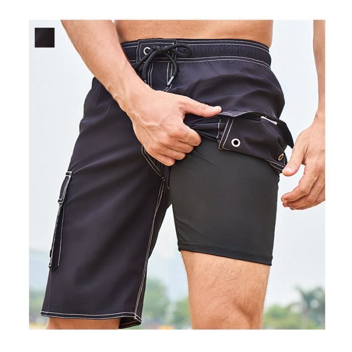 Short de Plage Ete Homme Noir 2 en 1 Sechage Rapide Vacances Surf Plage