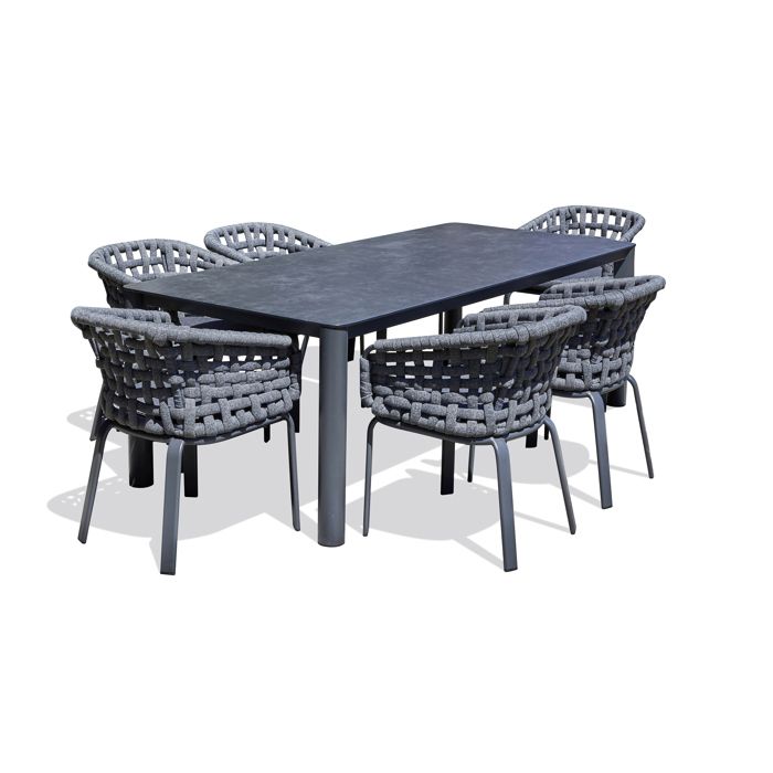 Ensemble repas de jardin 6 pl en alu plateau céramique sur verre  - Gris anthracite - CAMARGUE