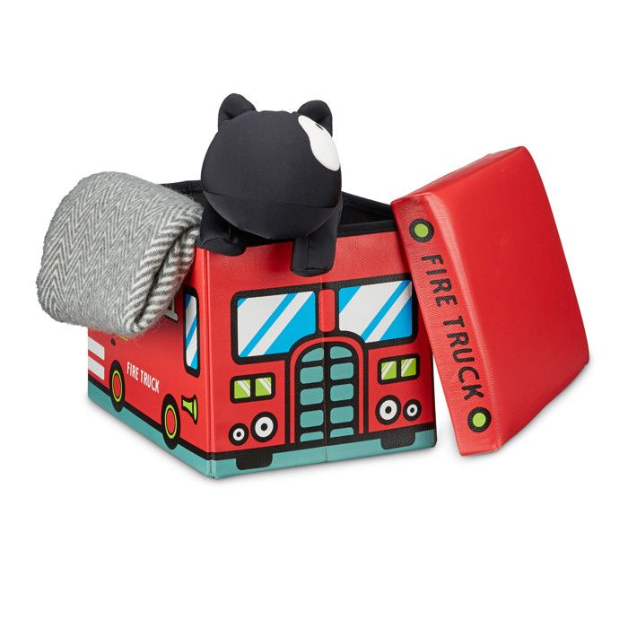 Coffre à jouets Relaxdays Camion de pompiers HxLxP 32x48x32 cm pouf en similicuir 37 L couvercle amovible