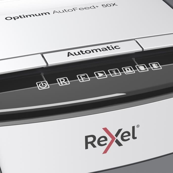 Destructeur de documents - Rexel - Optimum Auto+ 50X - Coupe croisée - 50 feuilles - 20L