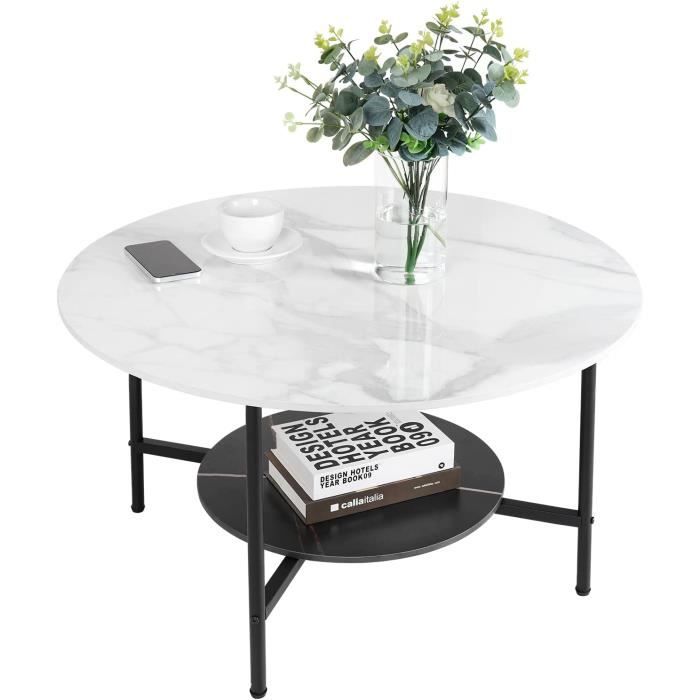 Set De 2 Tables Gigognes Design En Pierre Frittée - Blanc Marbré - Pieds Métal Industriel - Ø70cm Et Ø57cm - Salon Moderne