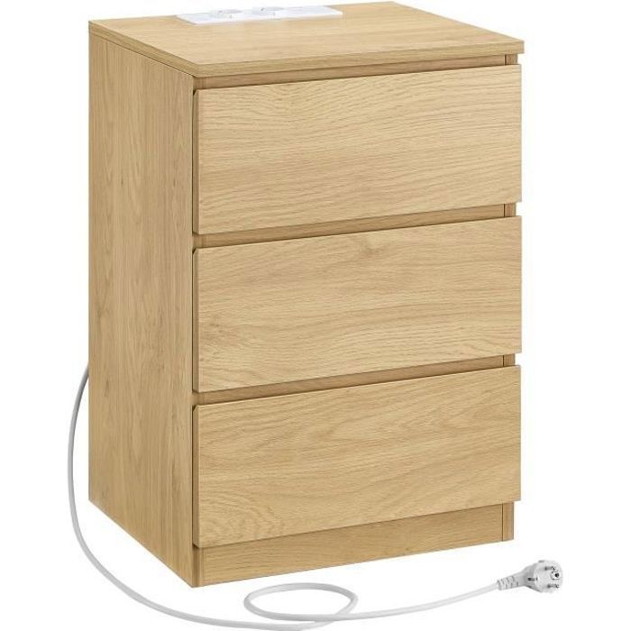 VASAGLE Table de Chevet avec Multiprise 3 Tiroirs 2 Prises CA 2 Ports USB Façades de Tiroirs Biseautées Moderne Jaune Paille