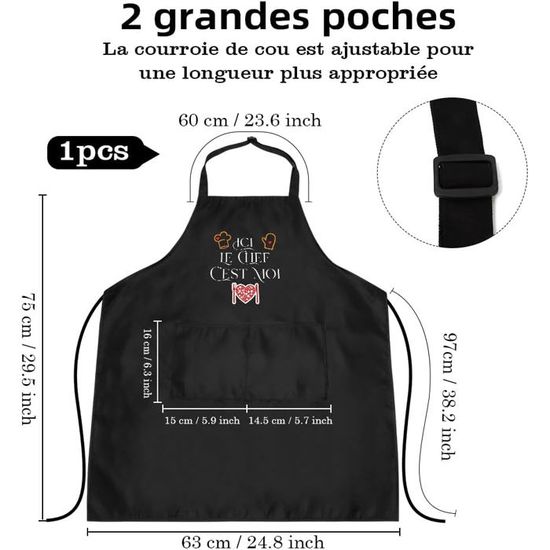 Tablier De Cuisine Wixelon Noir - Homme/Femme, Réglable Avec Poches - Cadeau Cuisine
