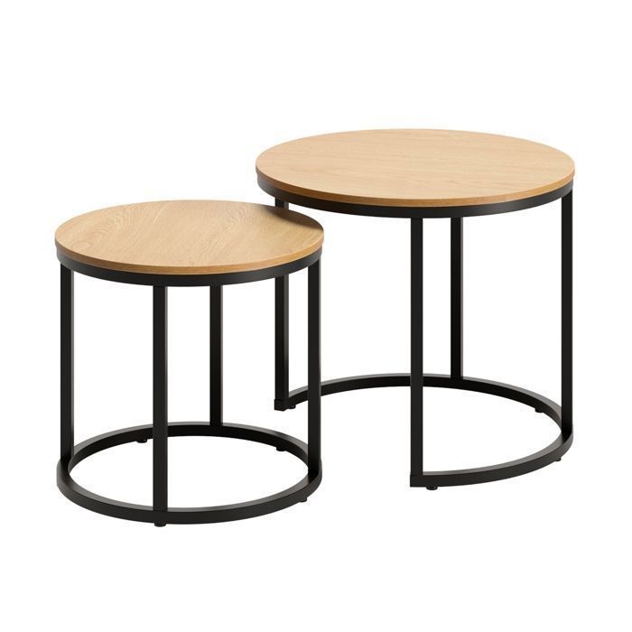 Lot De 2 Tables Basses Rondes En Chêne Clair - Design Minimaliste, Plateau MDF, Pieds En Croix, Pour Salon