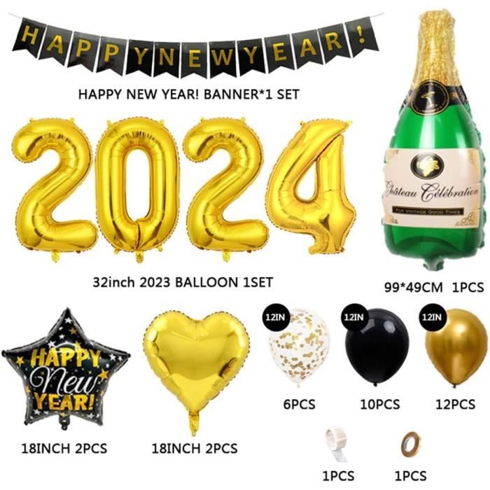 Decoration Nouvel An 2024 - Deco Fete Nouvelle Année - Bonne Année Bannière  - 2024 Ballons Géants, Ballons Or Et Noir - Nouv[u16343] - Cdiscount Maison
