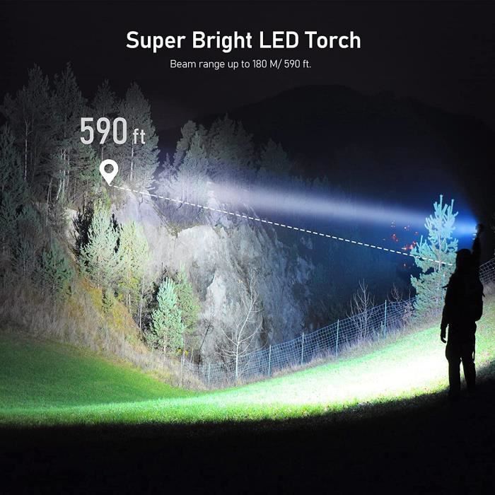 【Longue portée 3 km】Lampe de poche LED 30000 lumens, avec lumière latérale  COB, lampe de poche tactique rechargeable de type C, queue étanche IPX67