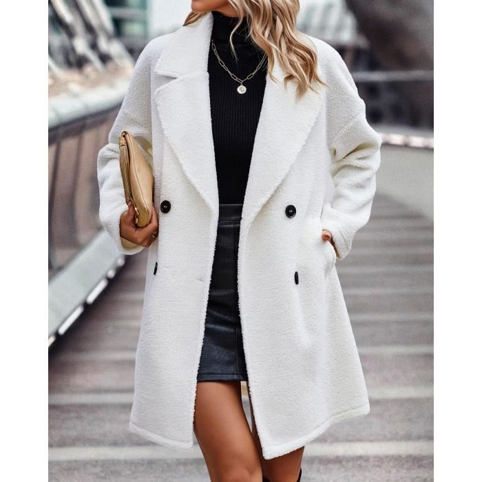 MANTEAU CABAN PARDESSUS Femme Manteaux en Laine Melangee a Double Boutonnage Manteau Femme Hiver Chic Manteau Chaud Blanc Blanc Cdiscount Pret a Porter