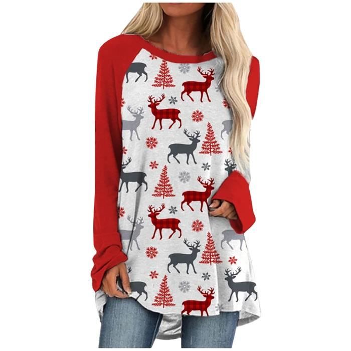 Blouse Femme Noel Couleur Assortie Imprime A Manches Longues Decontracte Rouge Rouge Cdiscount Pret a Porter