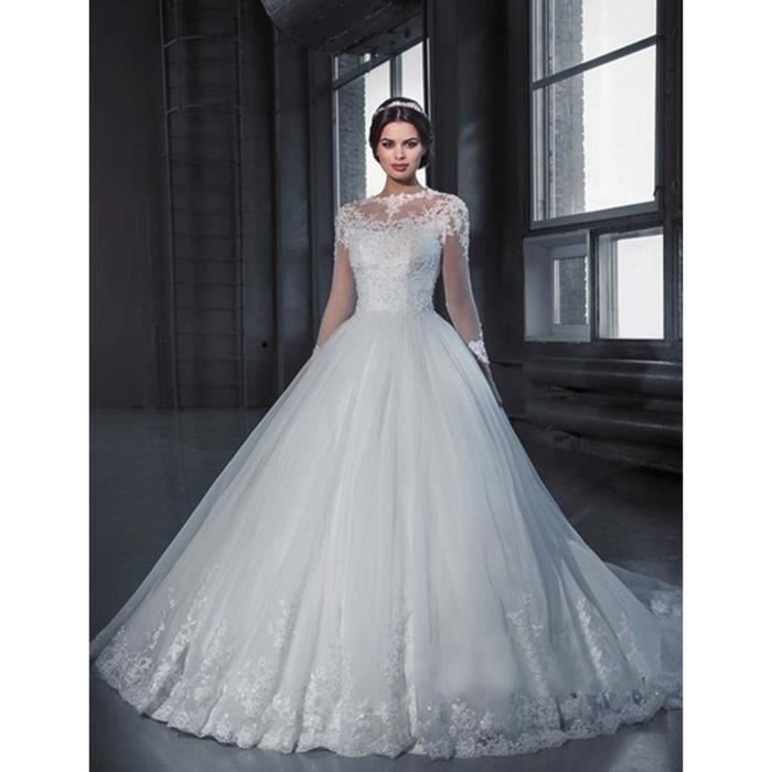 Robes de mariee blanches L 2020 nouveaux modeles europeens et americains mariee haut col sexy manches longues dentelle trainan Violet Cdiscount Pret a Porter