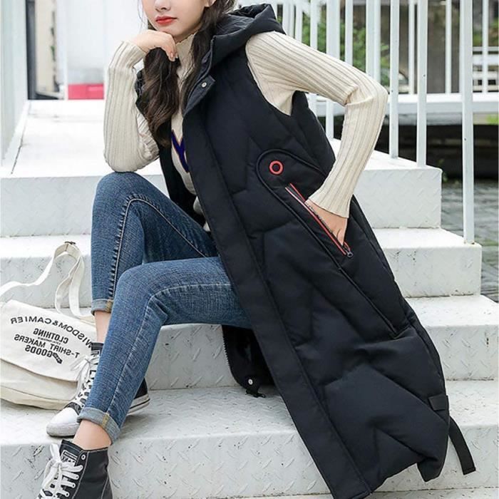 Gilet Manteau Long chaud sans manches pour femme veste capuche