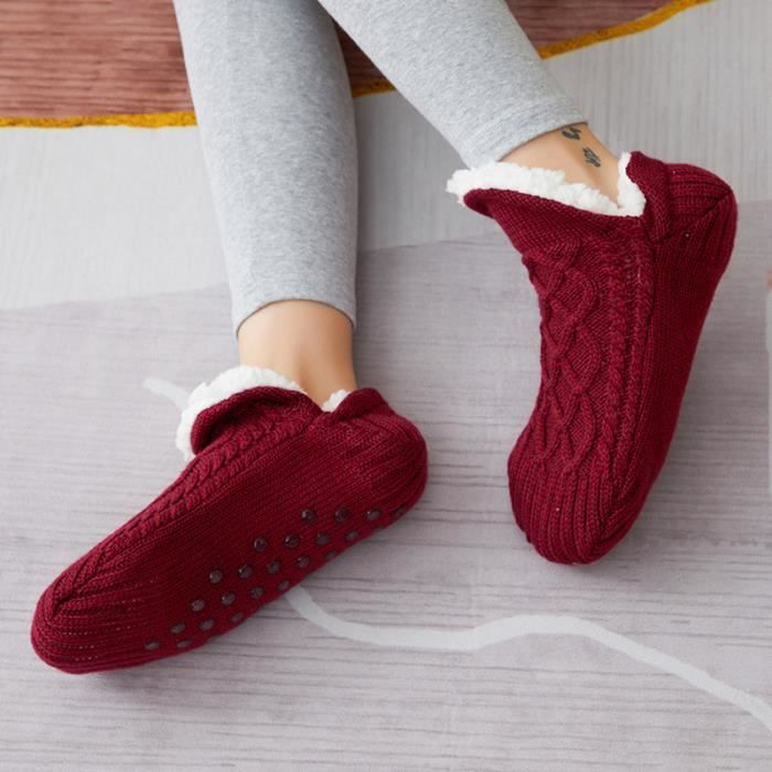 Chausson Chaussette Femme AMOUNE Rouge Doublees en polaire sherpa Semelle antiderapante