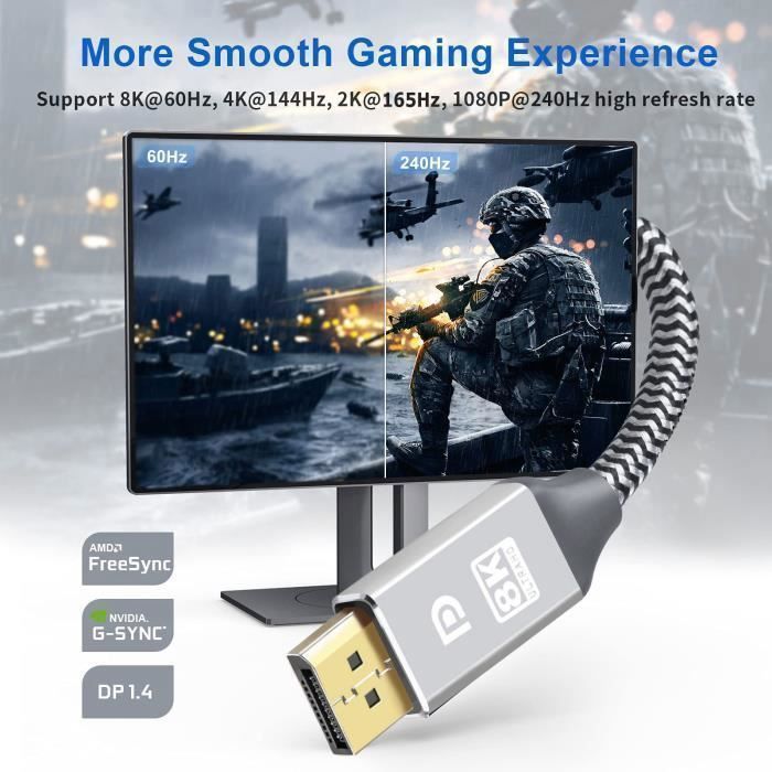 Câble Displayport 8K, Cable Display Port 1.4 Supporte 8K@60Hz 4K@144Hz
