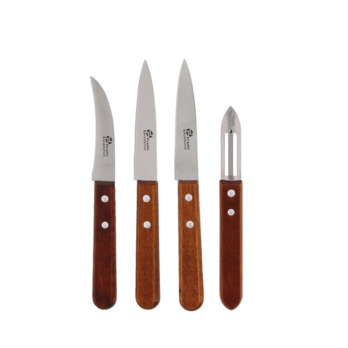 Lot De 4 Couteaux De Cuisine PRADEL EX - 2 Offices, 1 éplucheur, 1 Bec D'oiseau - Manche Bois