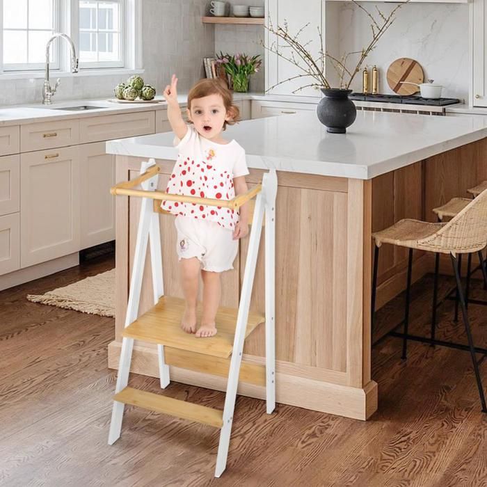 Kids Woody Star® Tour D'observation Enfant [360° ANTIBASCULE] Tour D' Apprentissage Montessori | Réglable En Hauteur | Sécurité Maximale à Partir De 1 An | Tabouret Enfants | Square Bois/Blanc