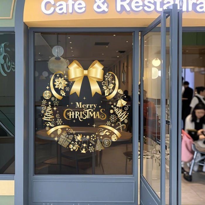 Autocollant Noël Fenêtre – Sapin Doré 65x45 Cm, PVC Réutilisable, Décoration Vitre, Porte, Miroir