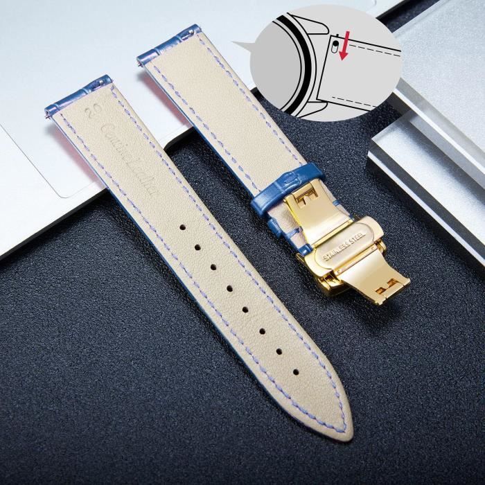 Bracelet Montre Remplacement 12mm 14mm 16mm Bracelet Montre Cuir Lézard Veau - Largeurs 12 à 20mm, Noir Ou Marron, Boucle Acier Olympus 17 Mm