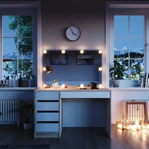 Coiffeuse LED Avec Miroir Hollywood - 9 Tiroirs Blanc - Éclairage RGB USB - Plateau Verre - Bureau Maquillage Dressing
