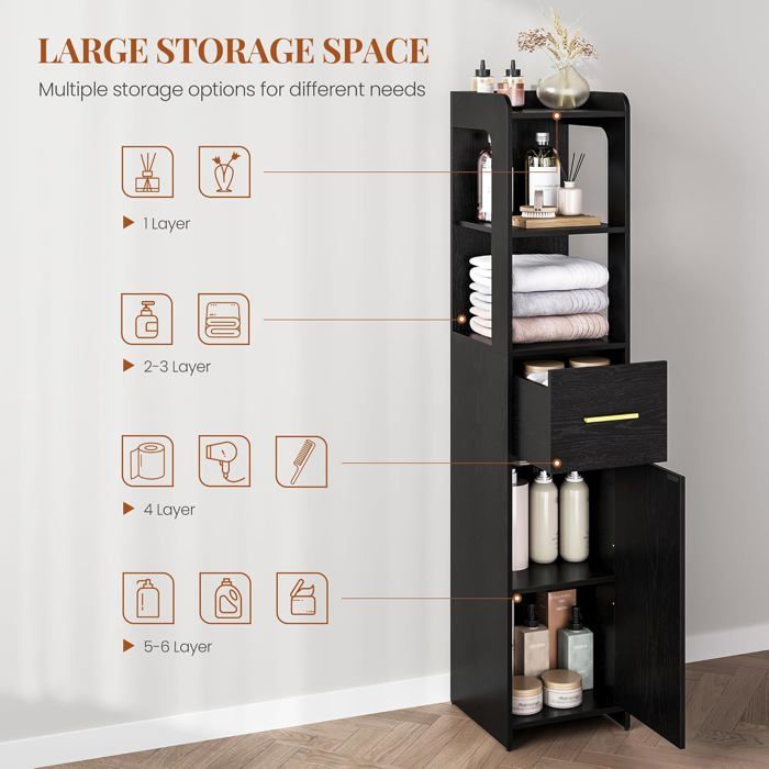 VOUNOT® Colonne De Salle De Bain 20x20x180cm - Meuble Rangement Avec étagères Réglable, Tiroir Et Armoires à Portes - MDF - Noir - Maison