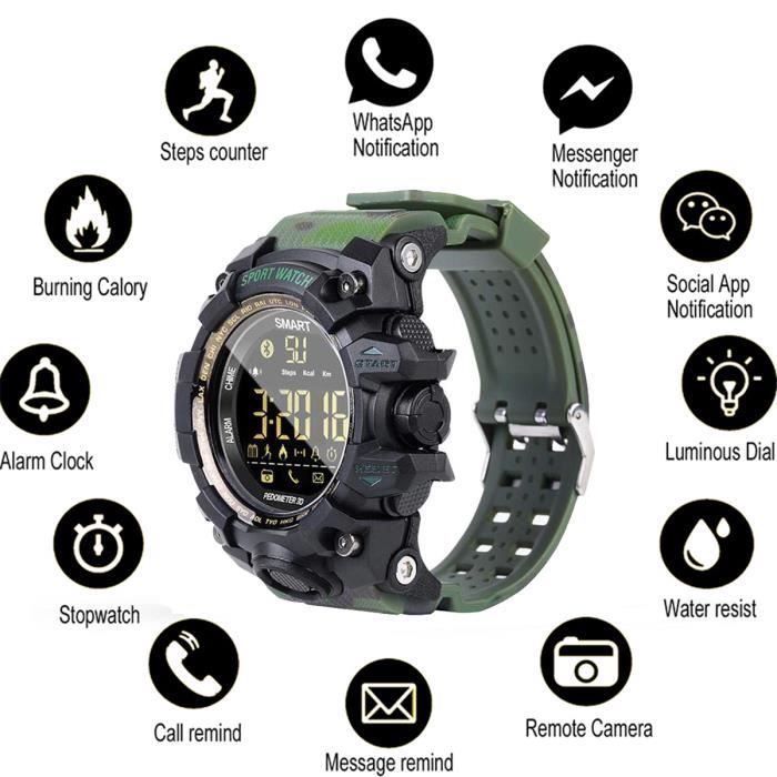 Montre Intelligente EX16S Sport Mens camera a distance de montre intelligente de sport sans fil impermeable a l eau vert camouflage Cdiscount Telephonie