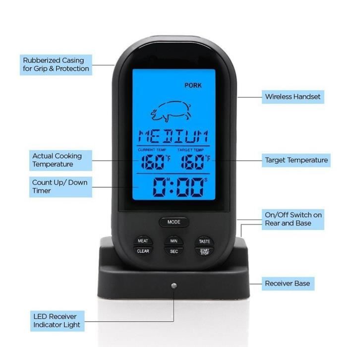 Thermomètre de cuisson sans fil avec 4 sondes en acier inoxydable, plage de  température: -20°C~300°C, écran LCD couleur, minuteur - Cdiscount Maison