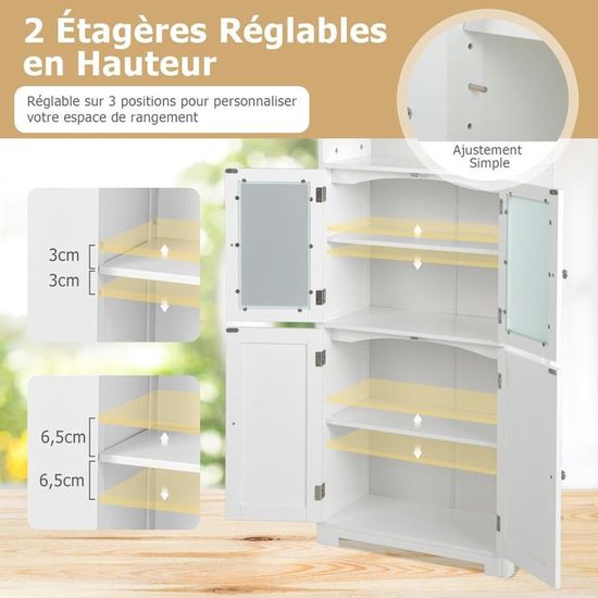 Armoire Murale Salle De Bain Bois Blanc 60x19x71 Cm - Meuble Rangement Avec Étagère Réglable, 2 Portes & Ouvert Bas, Polyvalent Cuisine Chambre