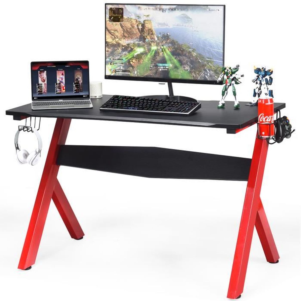 Bureau Gaming LED Forme Z Kidsgigglz - 120x60cm, Surface Carbone - Porte-gobelet, Crochet Casque - Capacité 150kg, Stable