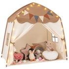 Tente de Jeu pour Enfants COSTWAY-Drapeaux et Guirlandes Lumineuses-Fenêtre Respirante-Lavable en Machine-157 x 98 x 148 cm-Brun