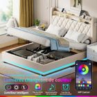 Lit 140x190 CM avec Sommier-NHHF-avec LED et USB-Lit Coffre avec Rangement-Lampe de Lecture-2 Personnes-Beige-PU