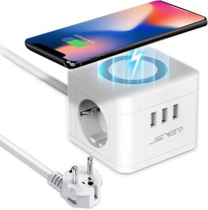 MULTIPRISE White Cube Multiprise USB avec Chargeur sans Fil 10W Universel Qi-Enable, Multiprise Electrique 2 Prises avec 3 USB (5V/2.4A) Bloc