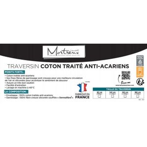 TRAVERSIN Traversin Coton Anti Acariens - MORTREUX - 180 cms