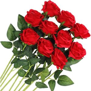 FLEUR ARTIFICIELLE 10 pcs Artificielle Rose Soie Fleurs Faux Bouquet De Mariage Décoration Maison Jardin Décoration (Rouge)
