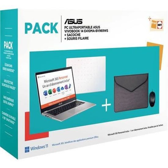 Pack PC Ultra Portable Asus Vivobook E410MA BV969WS 14" Intel Celeron 4 Go RAM 64 Go eMMC Blanc + Housse+ Souris filaire