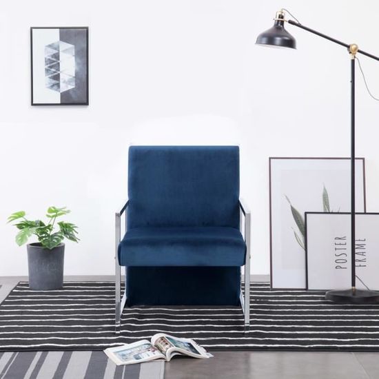 25755Vintage Fauteuil Chaise Confortable - Fauteuil avec pieds en chrome Bleu Velours Fauteuil Relaxation Fauteuil TV - Moderne
