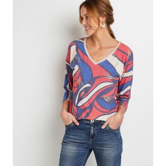 T-shirt Femme Grain De Malice - Imprimé Petits Cœurs Brillants, Manches 3/4, Col V, Tissu Doudou Confortable - 11