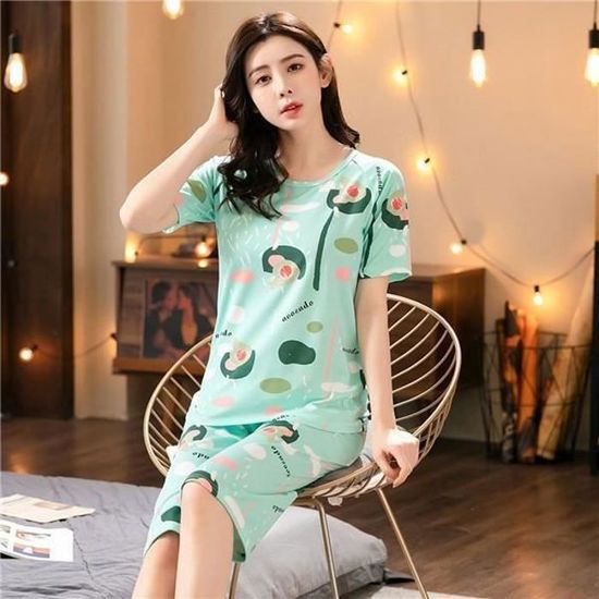 Pyjama Femme Été Pièces Haut Manches Courtes Et Pantalon Capri Coton  Confy Et Respirant