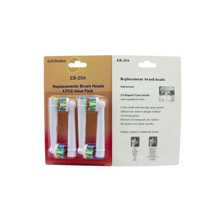 SOFT BRISTLES Lot de 4 recharges pour brosse a dents oral B, tête de brosse à dent EB-25A