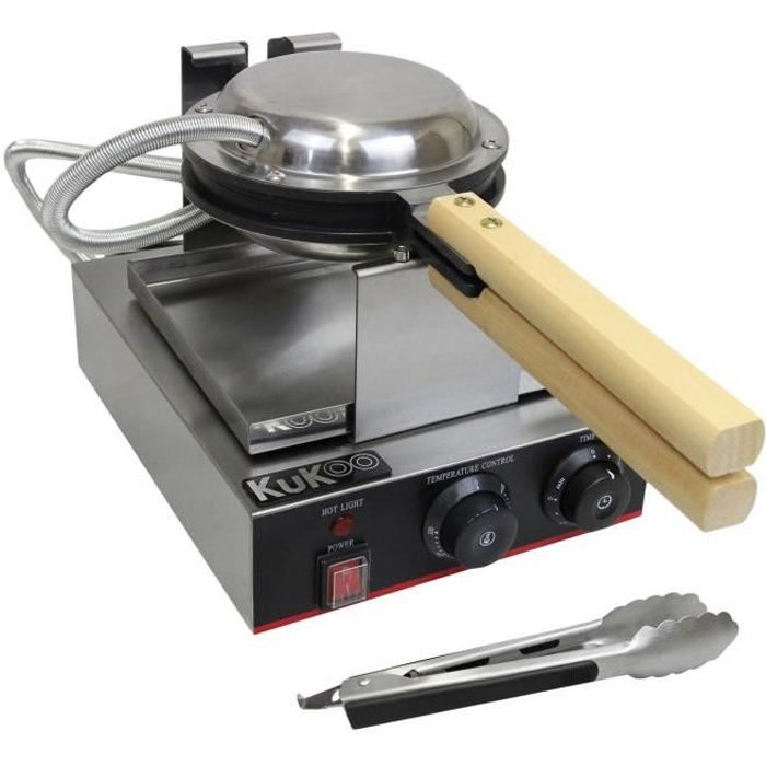 KuKoo Gaufrier Electrique Professionnel Simple Moule, Boitier en Acier Inoxydable, Plaque de Cuisson en Téflon et en Aluminium