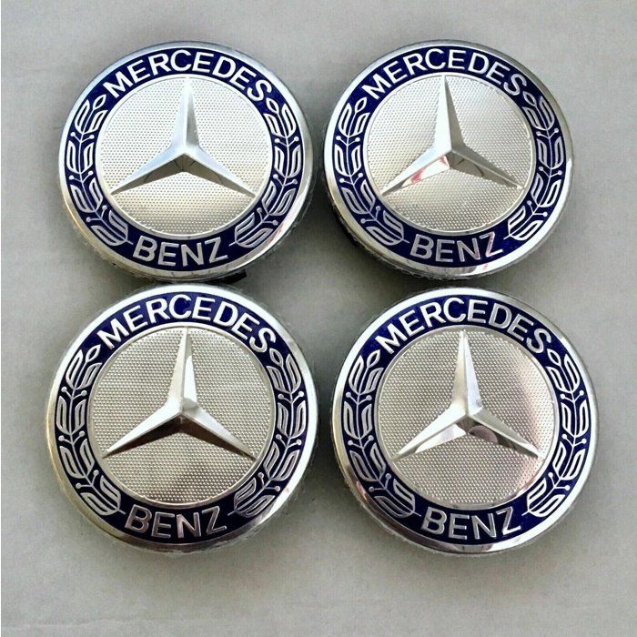 4 × 75MM Centre de Roue Mercedes Benz Original Chrome et Bleu Emblème Caches Moyeux