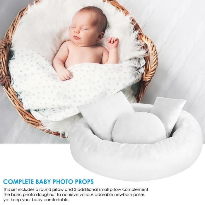 Oreillers de photographie bébé, Accessoires de photographie nouveau-né Set Donut Oreiller Prop + 3 oreillers de pose pour bébé blanc