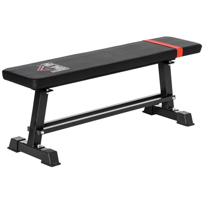 HOMCOM Banc plat de musculation fitness avec rack de rangement d'haltères et cadre en acier - dim. 118L x 36l x 44H cm