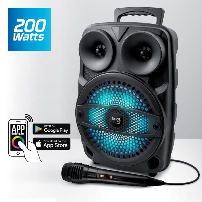 Enceinte Karaoké Autonome SUBLIM08 200W DJ SONO Koolstar LED avec micro/Fonction BT/USB/AUX/PC / Appplication smartphone