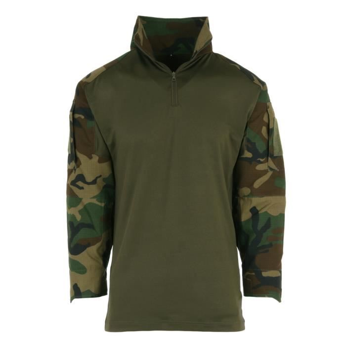 CHEMISE TACTIQUE / COMBAT SHIRT UBAC RIPSTOP 101 INC CAMOUFLAGE WOODLAND ET VERT KAKI TEE SHIRT MILITAIRE