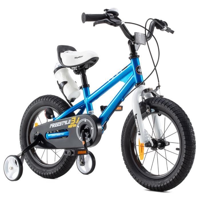 Vélo enfant Royalbaby Freestyle Bleu 14 pouces avec roues d'entraînement et bouteille d'eau