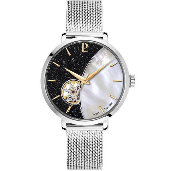 Pierre Lannier Femme 37mm Celeste - 301D681 - Acier Blanc Ronde Automatique Fond Motif Bracelet Acier Nacré et noir scintillant Mai