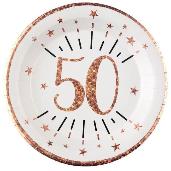 Assiette anniversaire 50 ans blanche et rose gold 22.5cm (x10) REF/7348 Matière carton